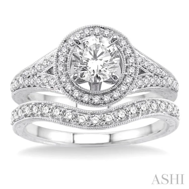 1 1/10 Ctw Diamond Wedding Set with 7/8 Ctw Round Cut Engagement Ring and 1/5 Ctw Wedding Band in 14K White Gold