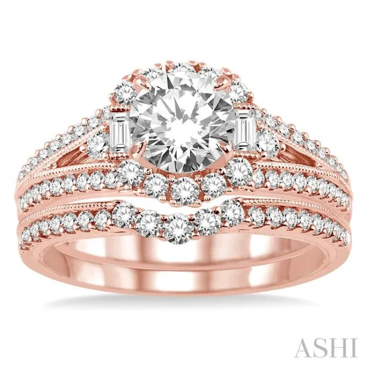 1 1/2 Ctw Diamond Wedding Set with 1 1/3 Ctw Round Cut Engagement Ring and 1/4 Ctw Wedding Band in 14K Rose Gold
