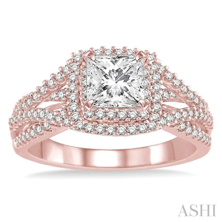 1 Ctw Diamond Engagement Ring with 1/3 Ct Princess Cut Center Stone in 14K Rose Gold