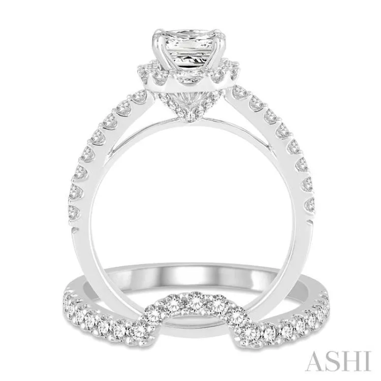 1 Ctw Diamond Wedding Set with 3/4 Ctw Princess Cut Engagement Ring and 1/3 Ctw Wedding Band in 14K White Gold