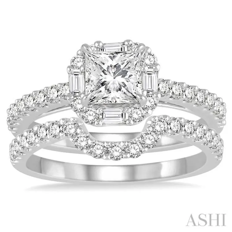 1 Ctw Diamond Wedding Set with 3/4 Ctw Princess Cut Engagement Ring and 1/3 Ctw Wedding Band in 14K White Gold