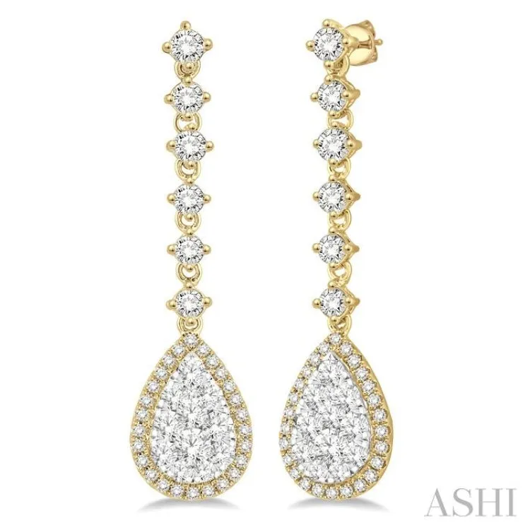 1 Ctw Round Cut Lovebright Diamond Pear Shape Dangler Earrings in 14K Yellow and White Gold