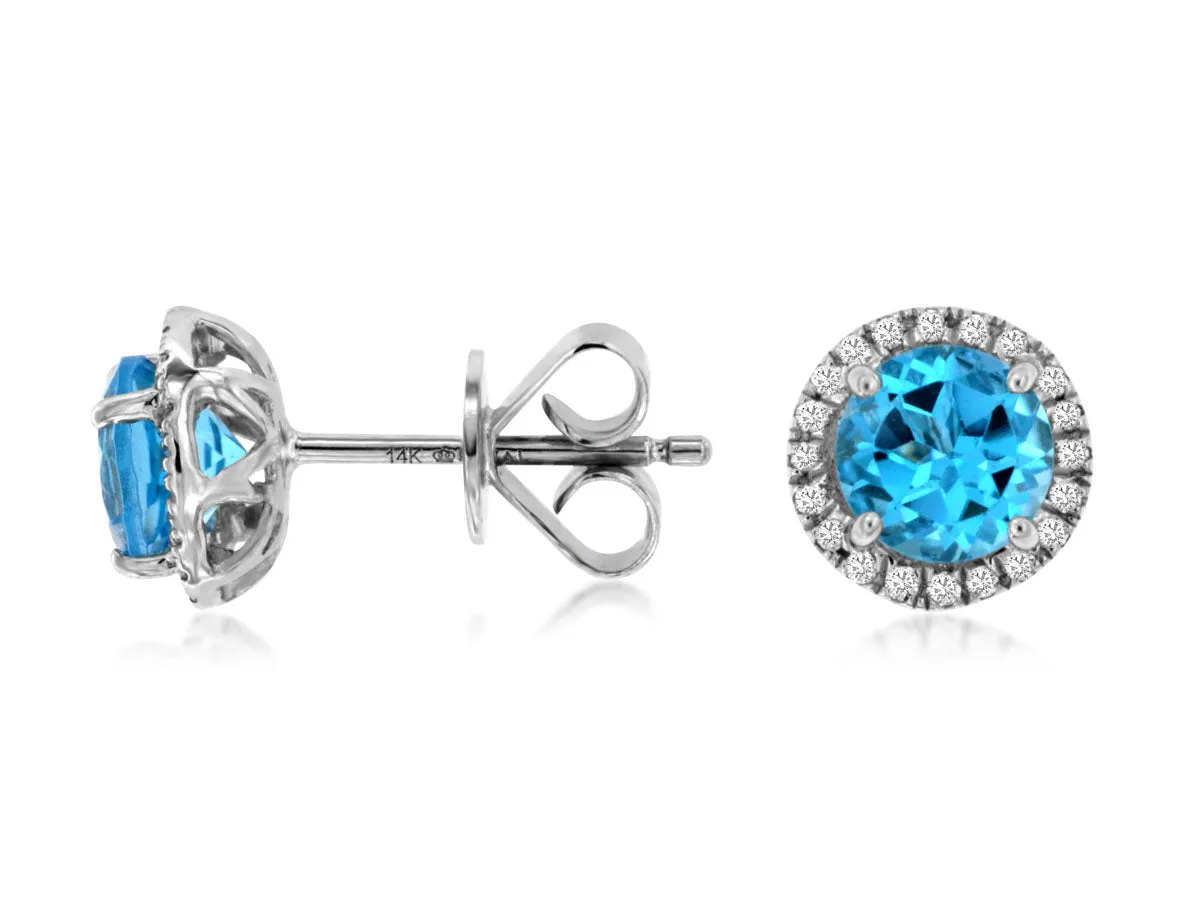14K White Gold Blue Topaz and Diamond Halo Stud Earrings