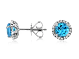 14K White Gold Blue Topaz and Diamond Halo Stud Earrings