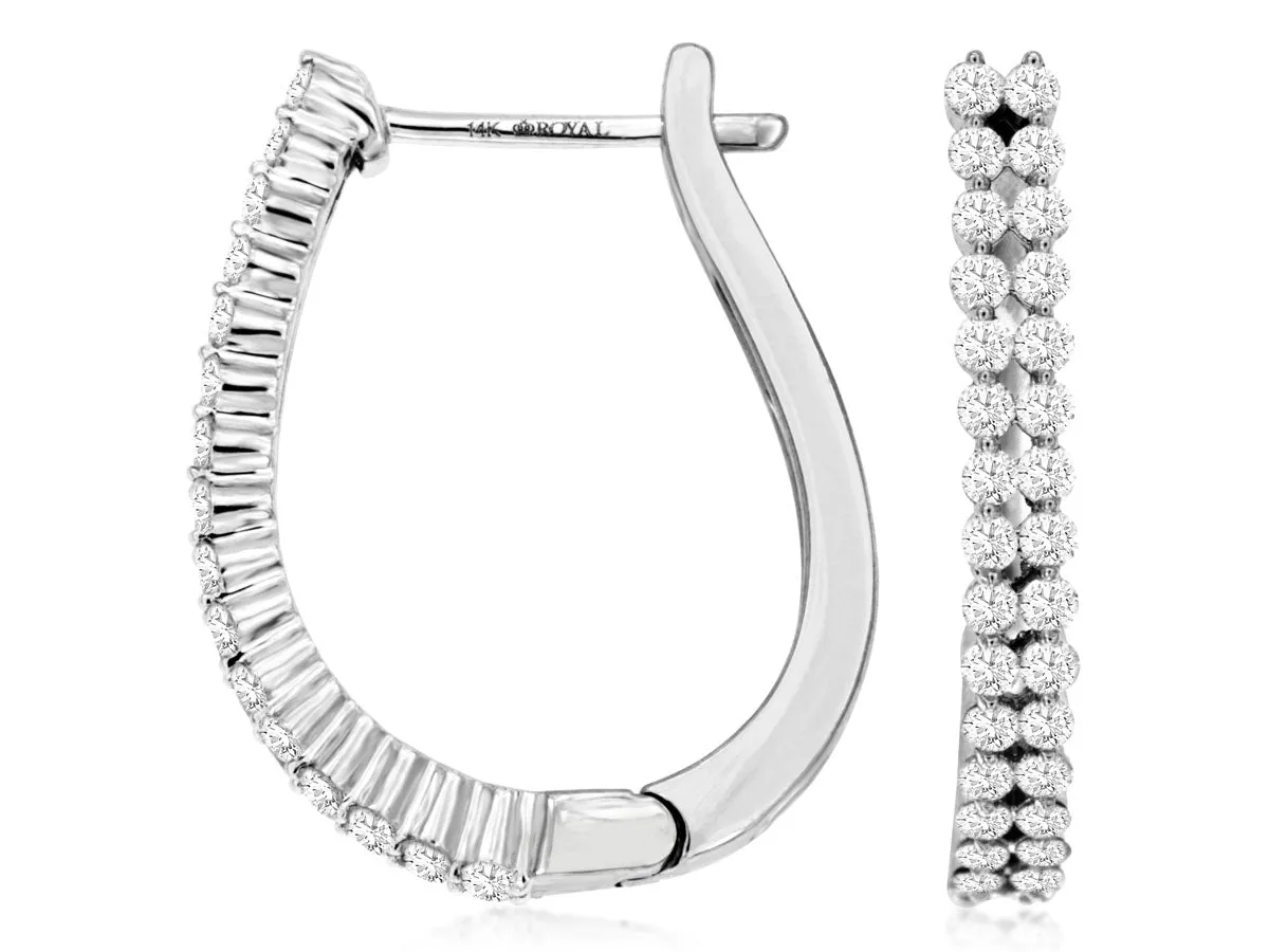 14K White Gold Double Diamond Oval Hoop Earrings