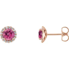 14KT GOLD 1.50 CTW PINK TOURMALINE & 1/6 CTW DIAMOND HALO EARRINGS