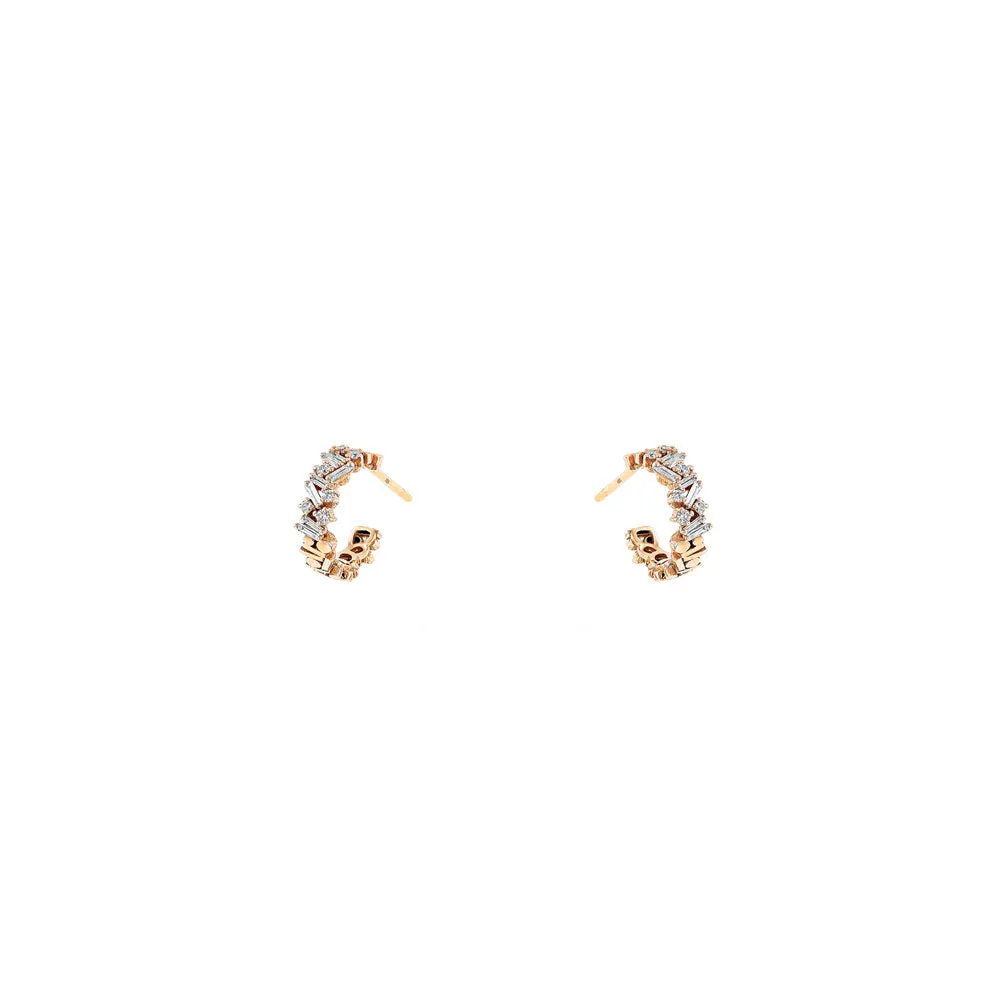 18 Karat Rosé Gold mini hoop with white Round and baguette Diamonds