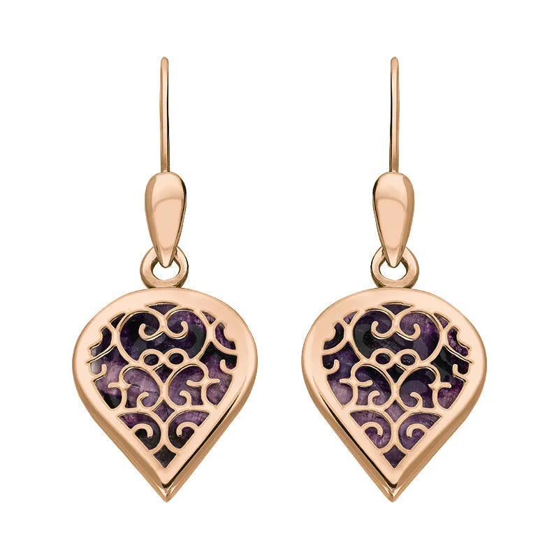 18ct Rose Gold Blue John Flore Filigree Heart Drop Earrings