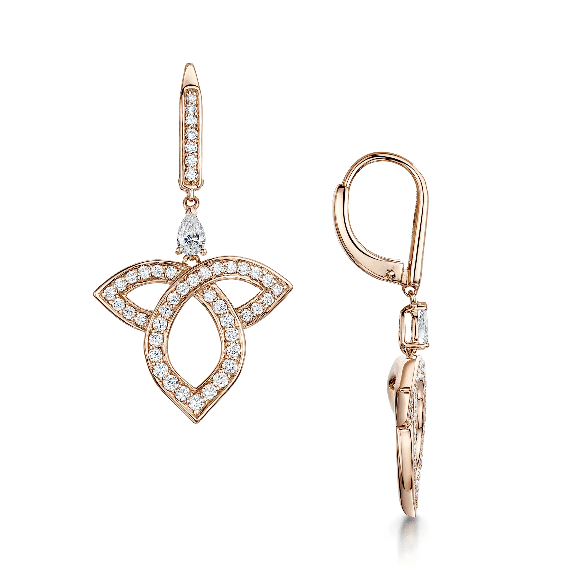 18ct Rose Gold Pear And Round Brilliant Cut Open Lotus Drop Earrings