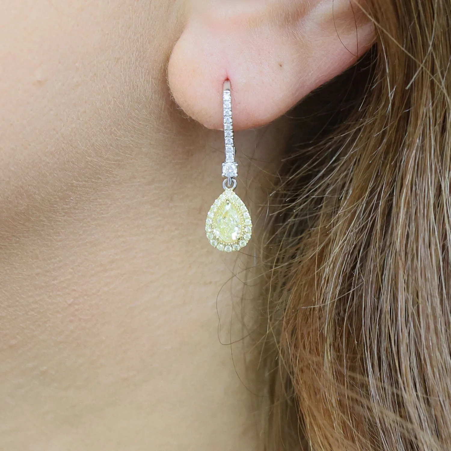 18ct White And Yellow Gold Pear Shaped Yellow Diamond Halo Drop Earrings