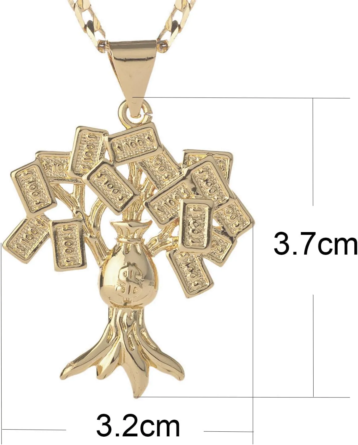 18K Gold Plated 100 Dollar Bill Tree Pendant Necklace for Women Men Money Tree Pendant 3mm Flat Figaro Chain Necklace 18/22 inches