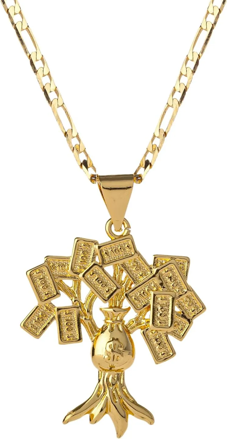 18K Gold Plated 100 Dollar Bill Tree Pendant Necklace for Women Men Money Tree Pendant 3mm Flat Figaro Chain Necklace 18/22 inches