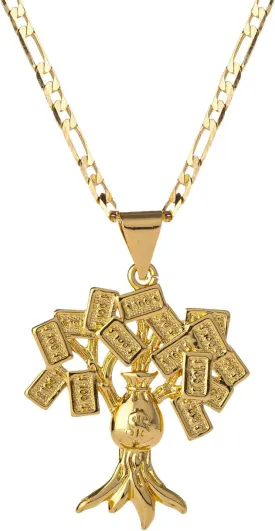 18K Gold Plated 100 Dollar Bill Tree Pendant Necklace for Women Men Money Tree Pendant 3mm Flat Figaro Chain Necklace 18/22 inches