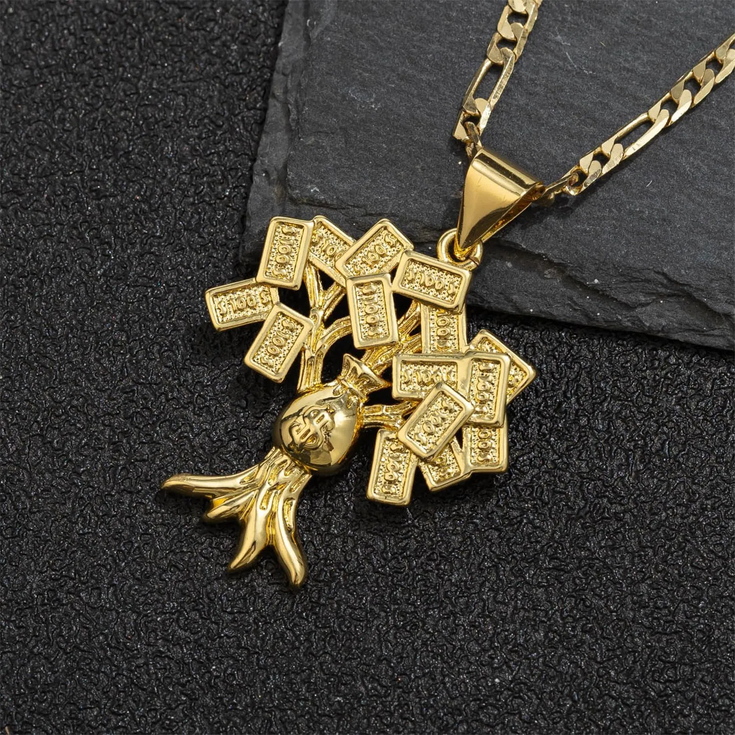 18K Gold Plated 100 Dollar Bill Tree Pendant Necklace for Women Men Money Tree Pendant 3mm Flat Figaro Chain Necklace 18/22 inches