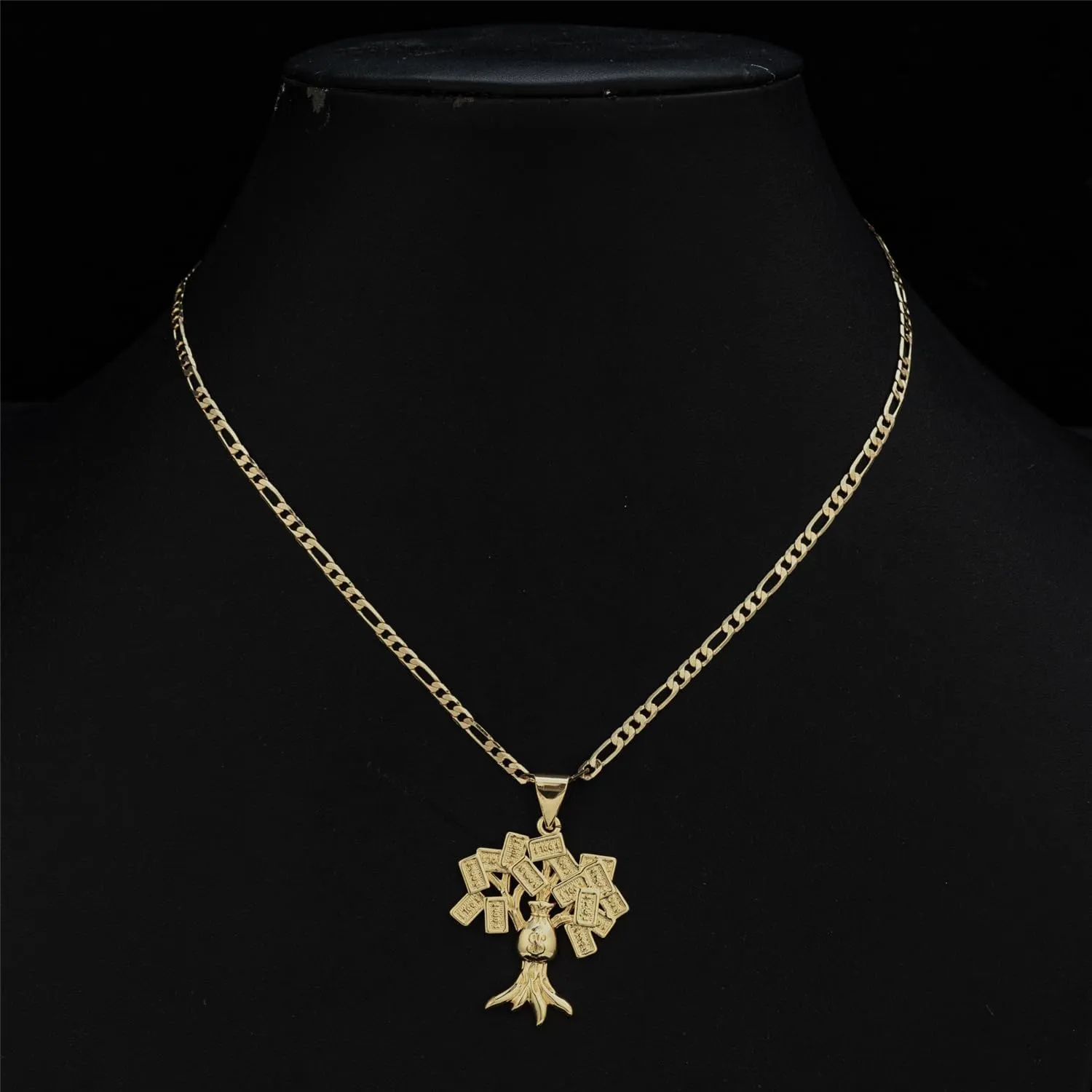 18K Gold Plated 100 Dollar Bill Tree Pendant Necklace for Women Men Money Tree Pendant 3mm Flat Figaro Chain Necklace 18/22 inches