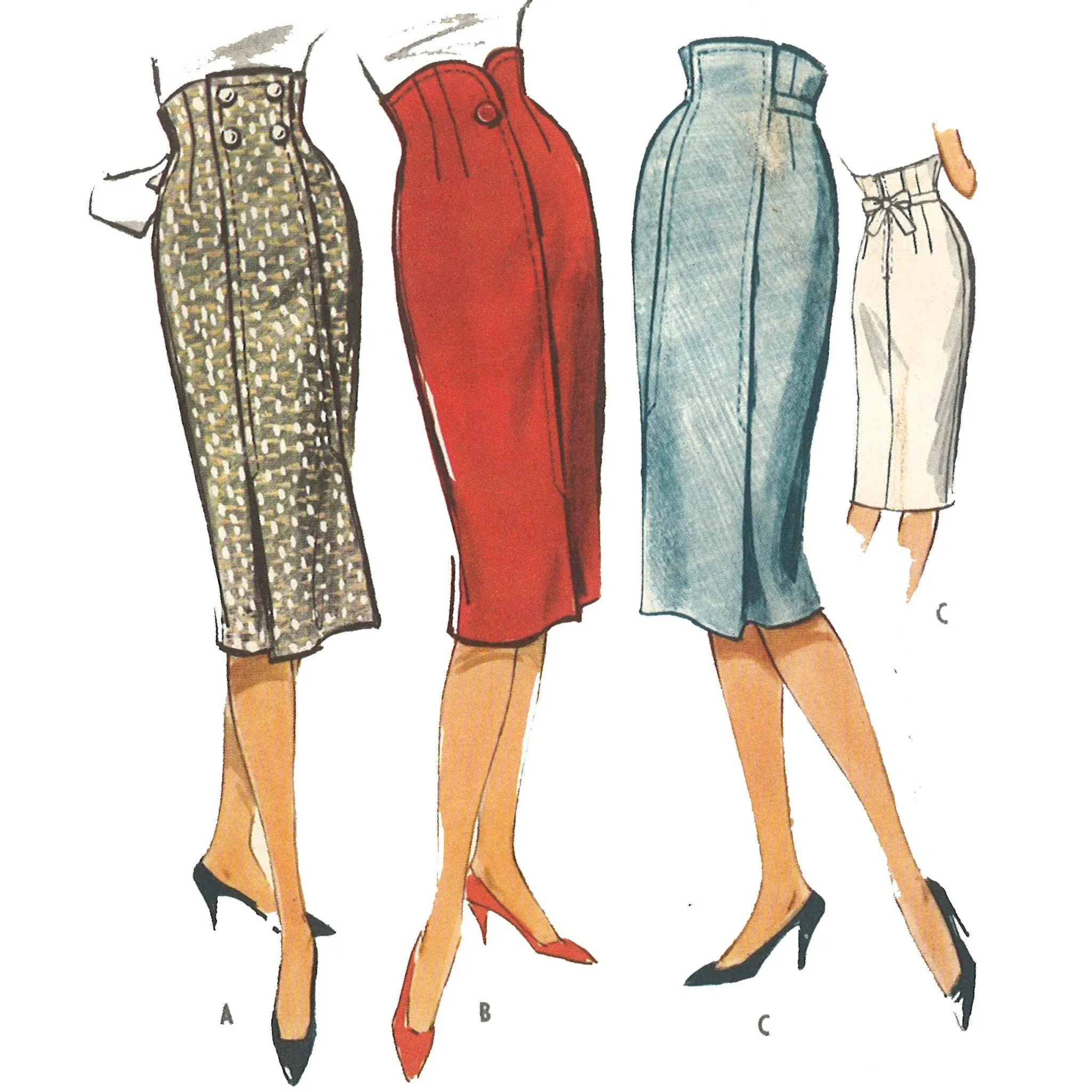 1950s Pattern, 1950s Sewing Pattern, Wiggle, Slim, Pencil, High Waisted, Hollywood Skirt - Waist 26 - 36.5" (66 -  115.5cm)