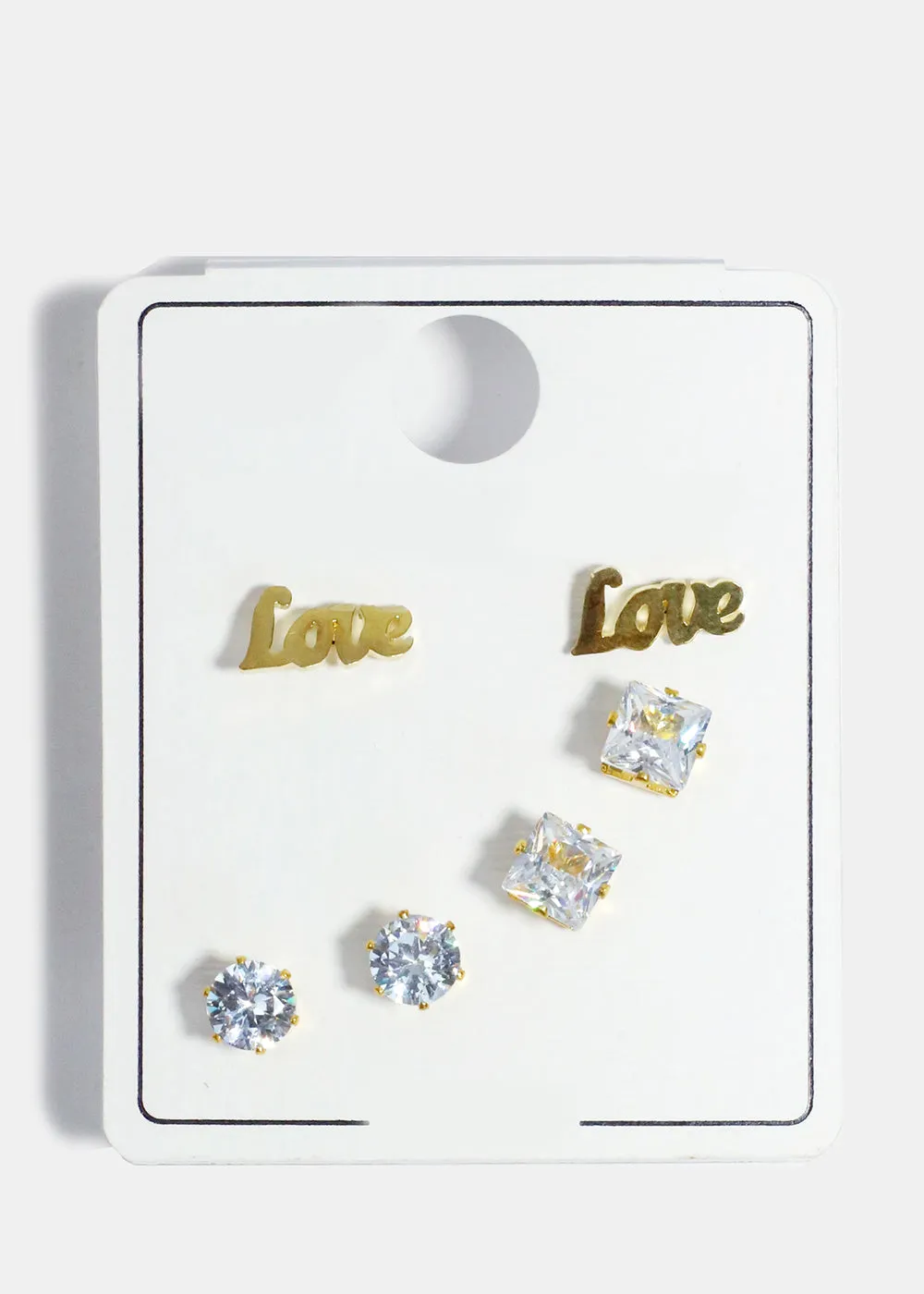 3 Pair "LOVE" & Rhinestone Stud Earrings