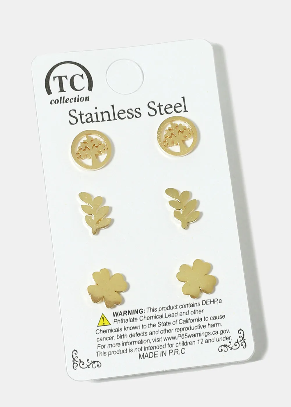 3-Pair Tree in Circle & Leaf Stud Earrings