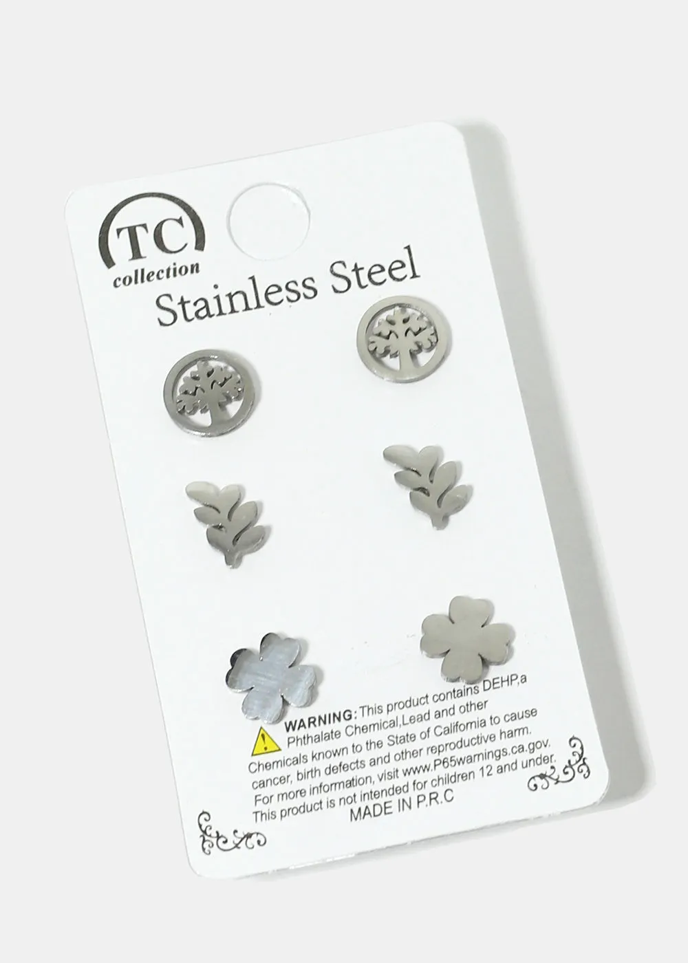 3-Pair Tree in Circle & Leaf Stud Earrings