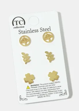 3-Pair Tree in Circle & Leaf Stud Earrings