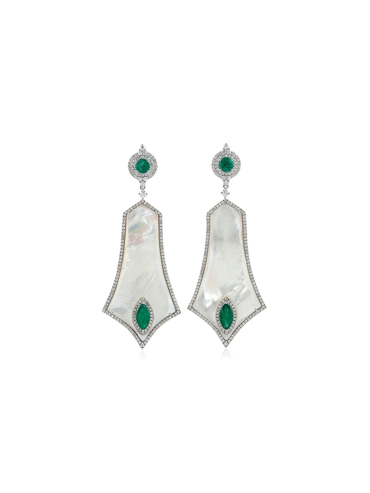 39.90ct Diamond Emerald Mother Of Pearl 18K Gold Dangle Drop Earrings