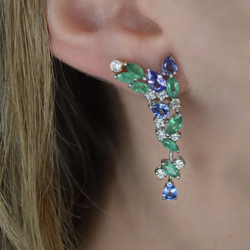 5.66ct Diamond Tanzanite Emerald 18K Gold Drop Earrings