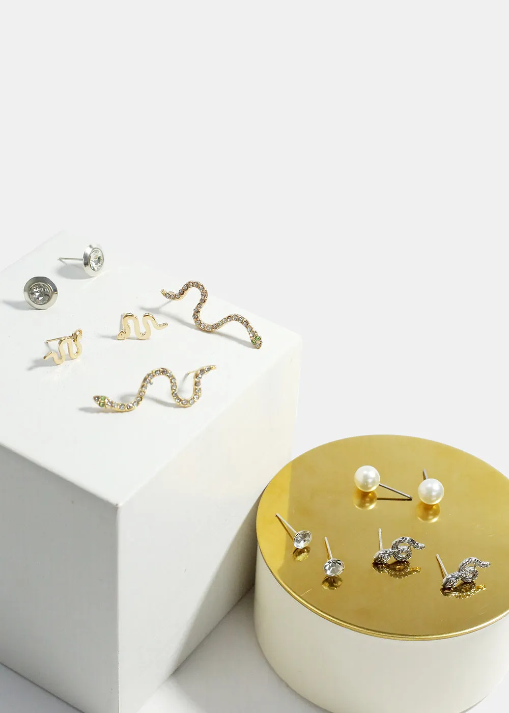 6-Pair Rhinestone & Snake Stud Earrings