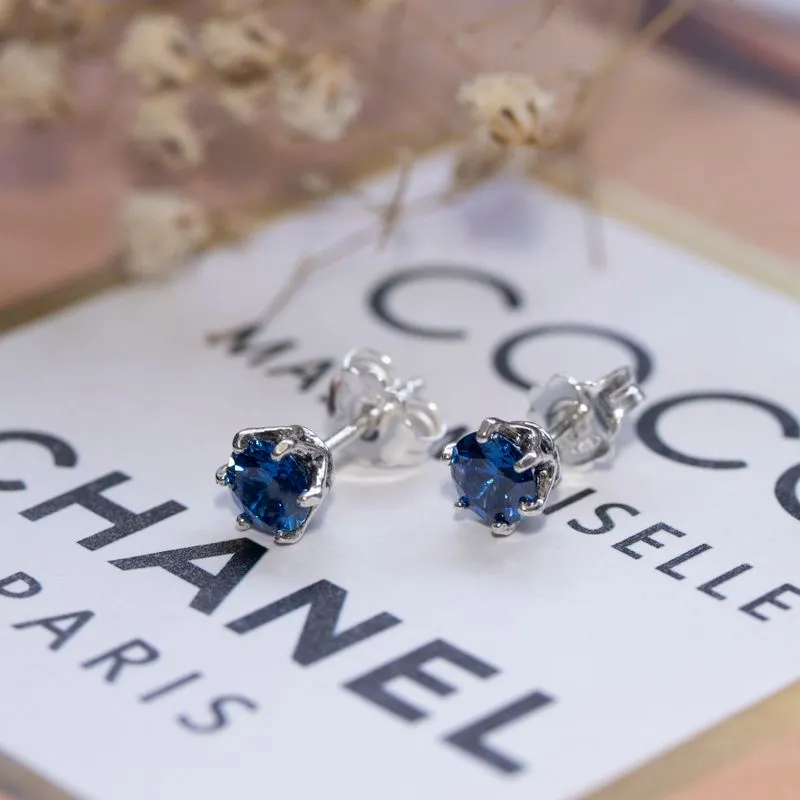 925 Silver Studs, Dark Blue CZ - 5mm Round, Handmade Gift