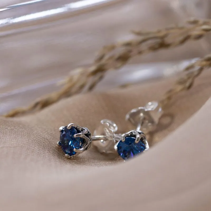925 Silver Studs, Dark Blue CZ - 5mm Round, Handmade Gift