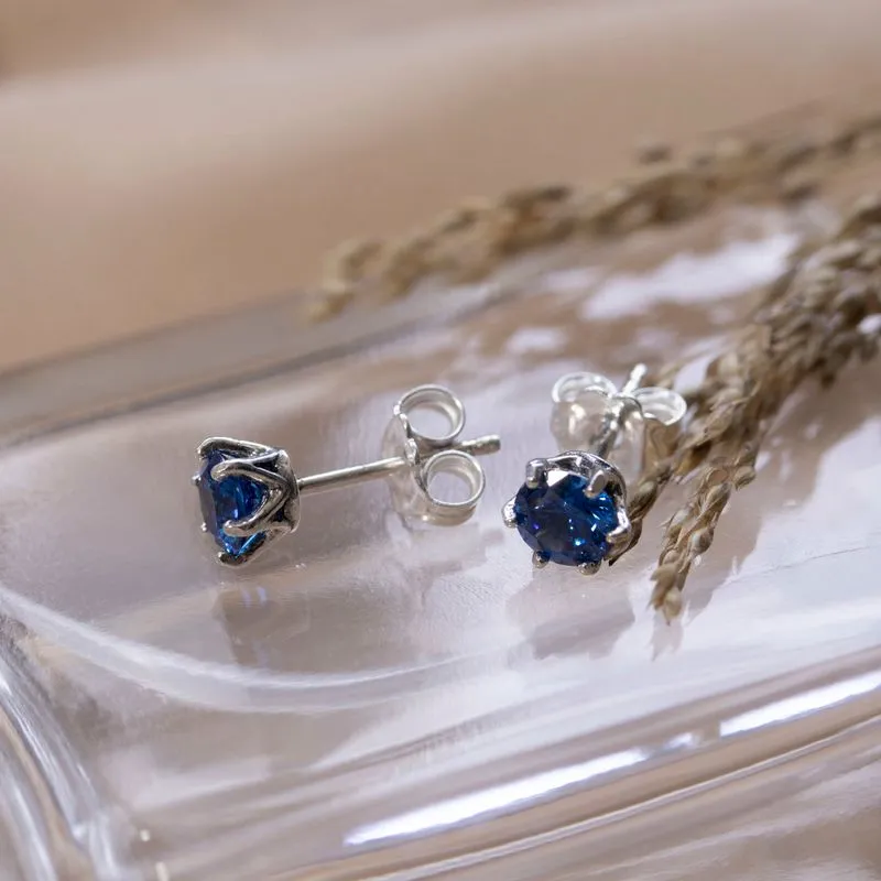 925 Silver Studs, Dark Blue CZ - 5mm Round, Handmade Gift