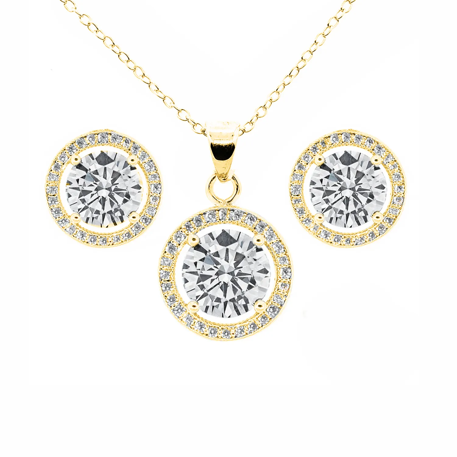 Ariel 18k White Gold Plated CZ Halo Stud Earrings and Necklace Jewelry Set