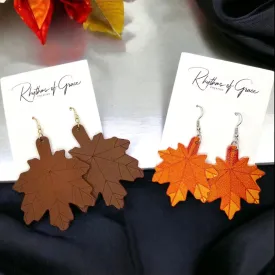 Autumn Maple Leaf Earrings - Fall, Handmade Jewelry, Gold Leaf, Halloween, Orange, Faux Pearls, Handmade Earrings, Leaf Accessories