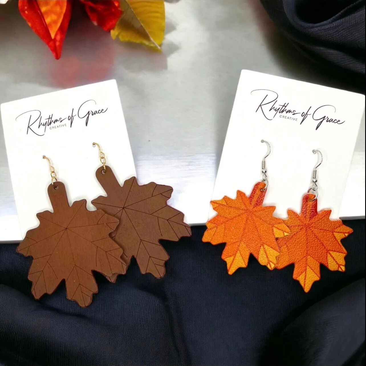 Autumn Maple Leaf Earrings - Fall, Handmade Jewelry, Gold Leaf, Halloween, Orange, Faux Pearls, Handmade Earrings, Leaf Accessories