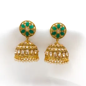 Beautiful Antique Gold Jhumka Earring with LCD Champagne stones and Greed Floral Stud