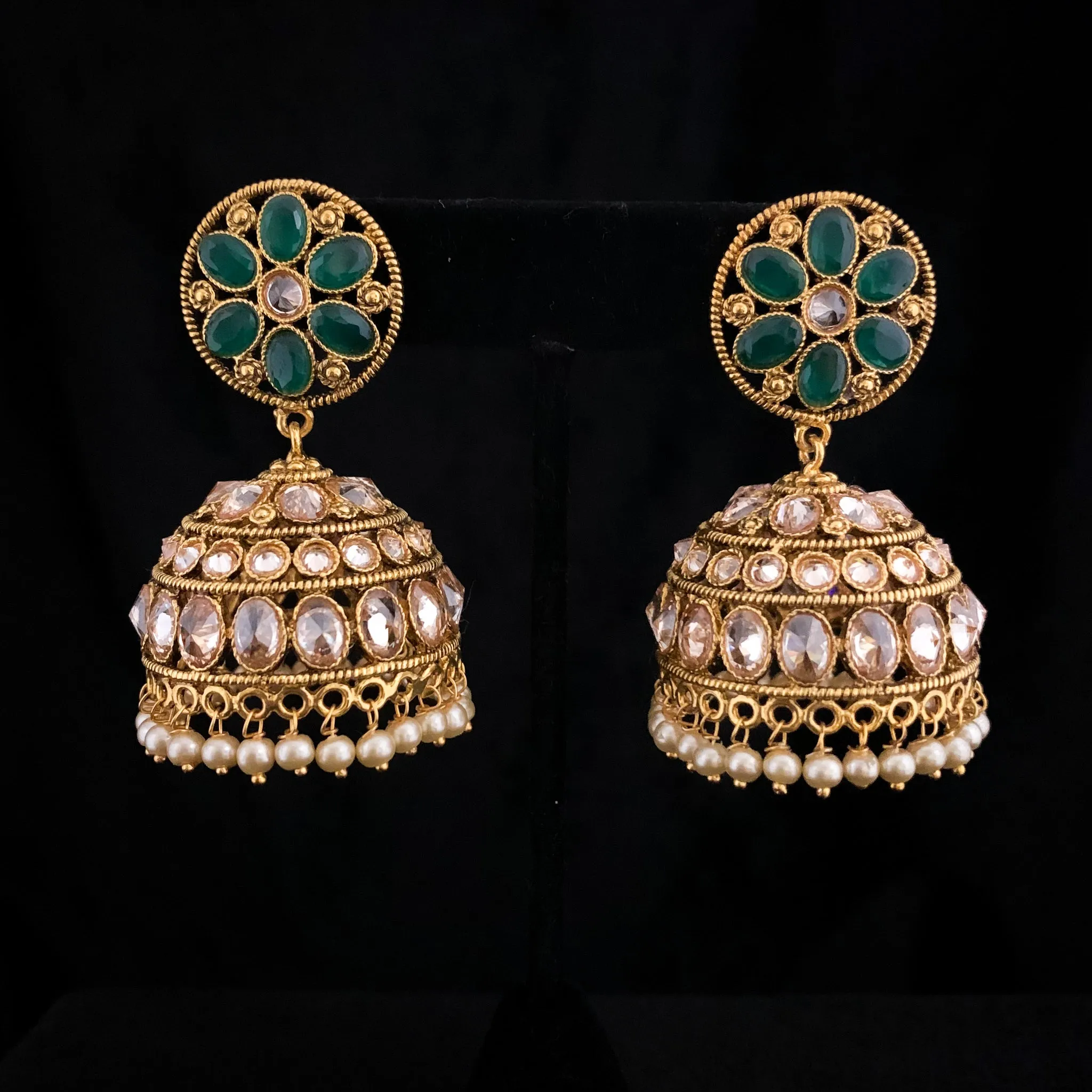 Beautiful Antique Gold Jhumka Earring with LCD Champagne stones and Greed Floral Stud