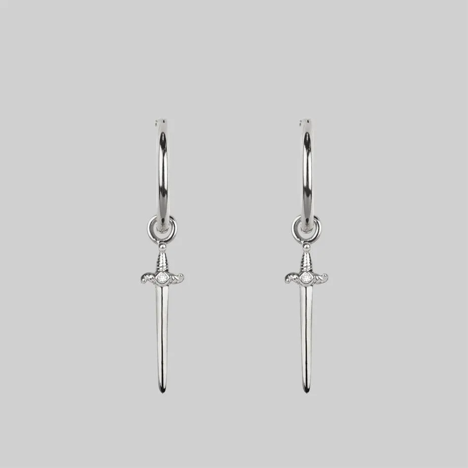 BETRAYAL. Cubic Zirconia Dagger Hoop Earrings - Silver