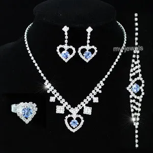 Blue Crystal Heart Necklace Bracelet Ring Earrings Set XS1065