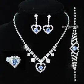 Blue Crystal Heart Necklace Bracelet Ring Earrings Set XS1065