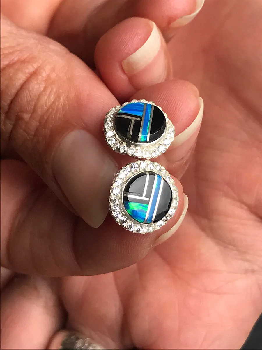 Blue Opal & Black Jet Inlay Stud Earrings