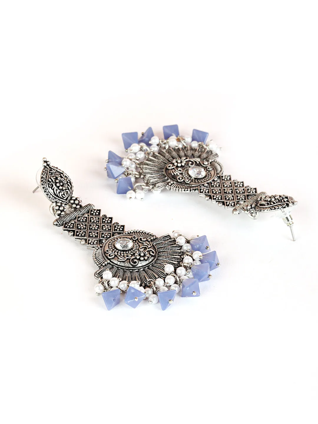 Blue Stone Studded & Beaded Silver Plated Drop Earrings