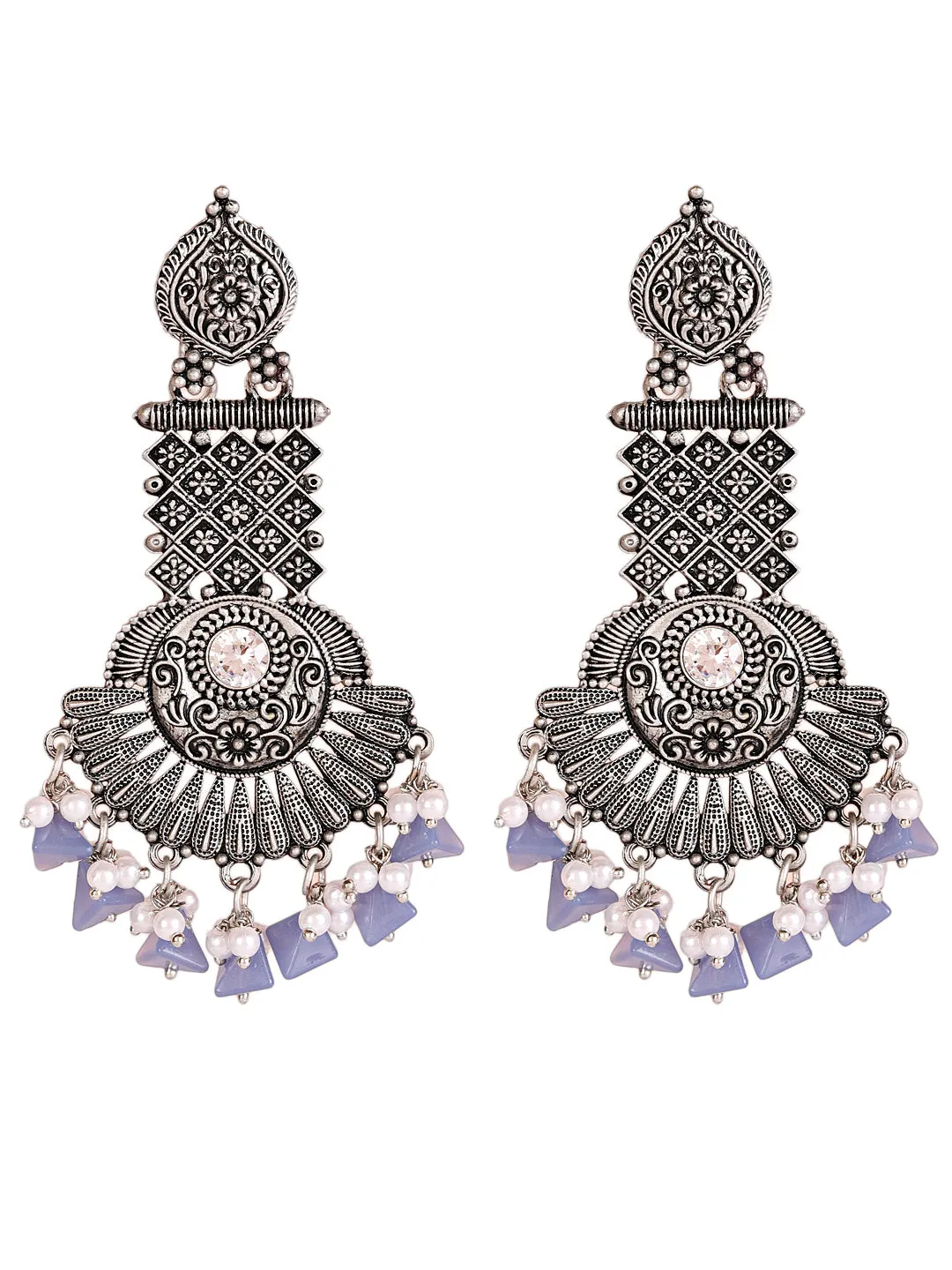 Blue Stone Studded & Beaded Silver Plated Drop Earrings