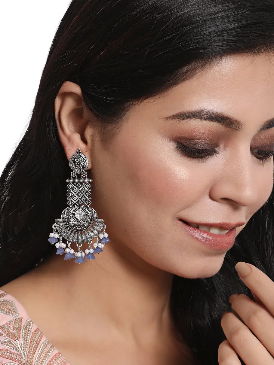 Blue Stone Studded & Beaded Silver Plated Drop Earrings