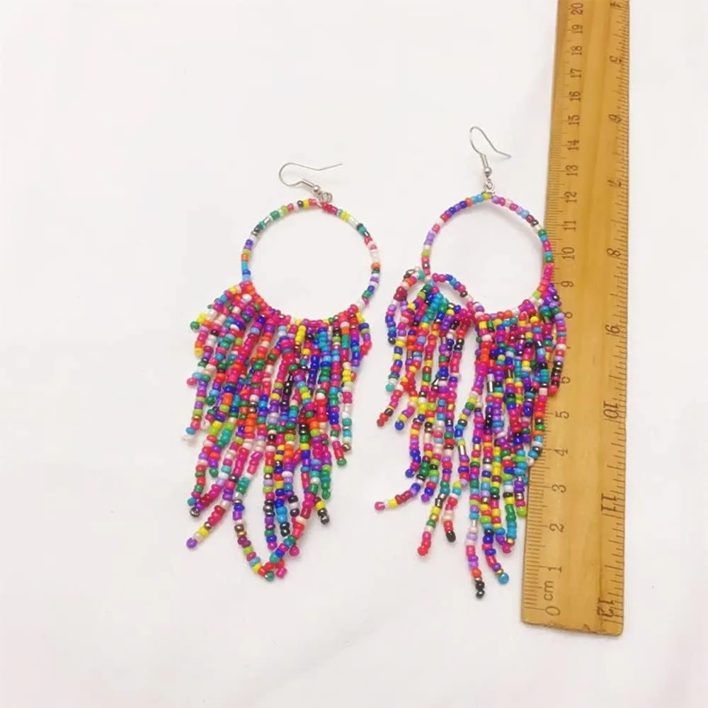 Boho Long Fringe Drop Dangle Statement Earrings for Women Girls Hademade Ball Beads Hoop Tassel Chain Woven Dangling Hook Chandelier Tribal Exaggerated Dream-catcher Jewelry