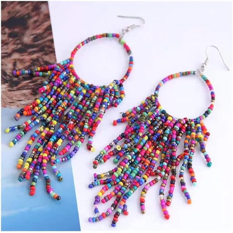 Boho Long Fringe Drop Dangle Statement Earrings for Women Girls Hademade Ball Beads Hoop Tassel Chain Woven Dangling Hook Chandelier Tribal Exaggerated Dream-catcher Jewelry