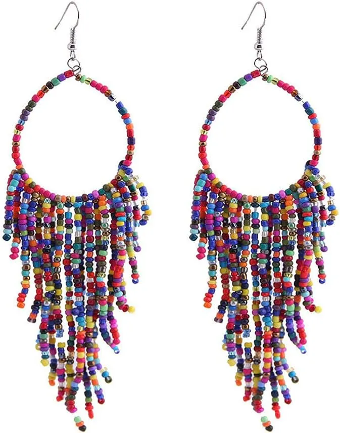 Boho Long Fringe Drop Dangle Statement Earrings for Women Girls Hademade Ball Beads Hoop Tassel Chain Woven Dangling Hook Chandelier Tribal Exaggerated Dream-catcher Jewelry