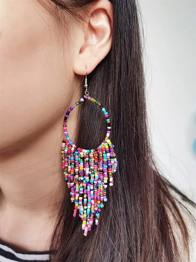 Boho Long Fringe Drop Dangle Statement Earrings for Women Girls Hademade Ball Beads Hoop Tassel Chain Woven Dangling Hook Chandelier Tribal Exaggerated Dream-catcher Jewelry