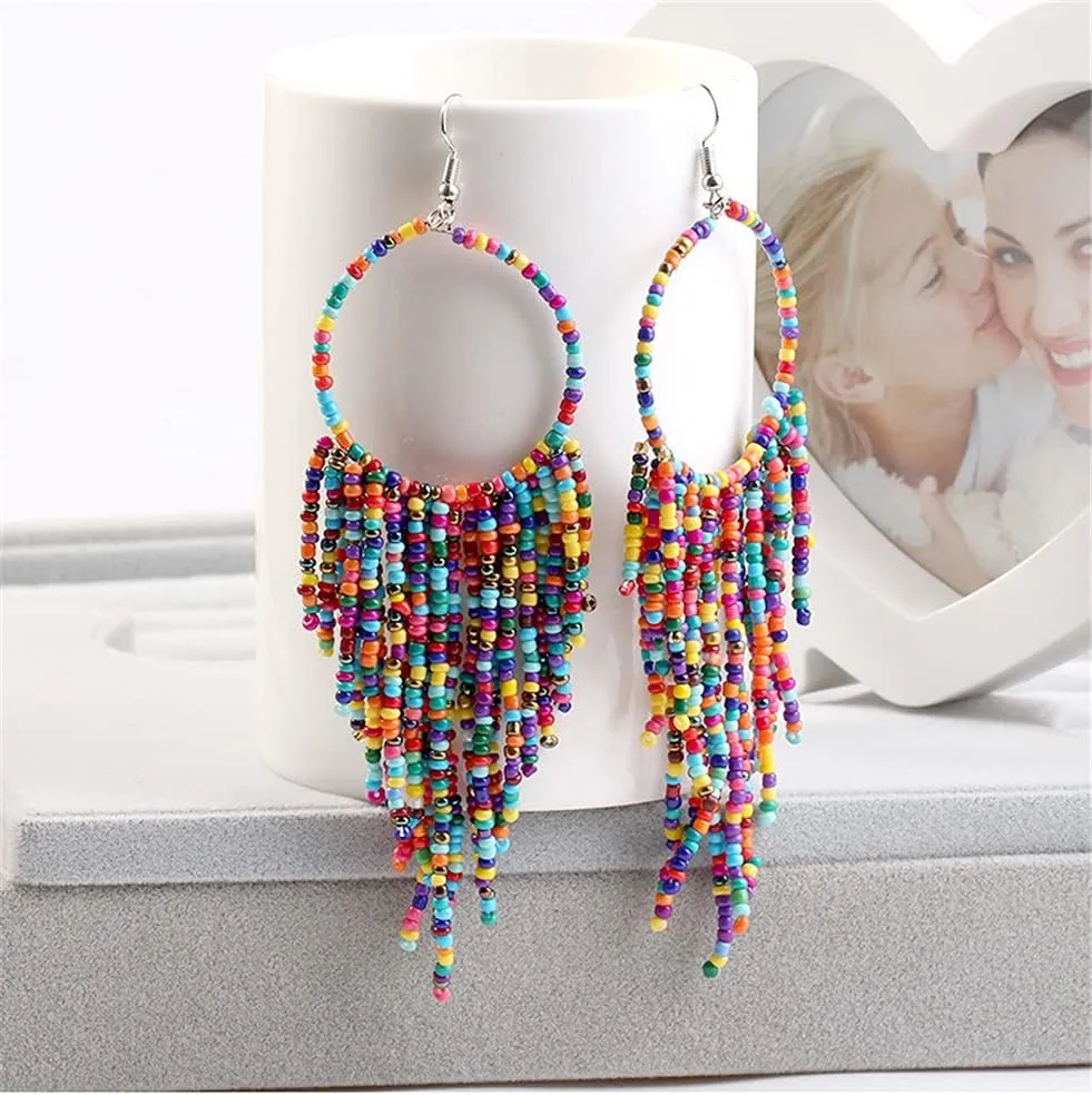 Boho Long Fringe Drop Dangle Statement Earrings for Women Girls Hademade Ball Beads Hoop Tassel Chain Woven Dangling Hook Chandelier Tribal Exaggerated Dream-catcher Jewelry