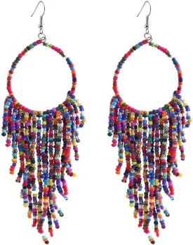 Boho Long Fringe Drop Dangle Statement Earrings for Women Girls Hademade Ball Beads Hoop Tassel Chain Woven Dangling Hook Chandelier Tribal Exaggerated Dream-catcher Jewelry