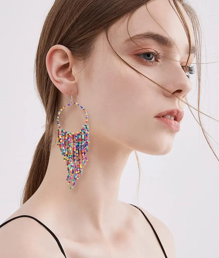 Boho Long Fringe Drop Dangle Statement Earrings for Women Girls Hademade Ball Beads Hoop Tassel Chain Woven Dangling Hook Chandelier Tribal Exaggerated Dream-catcher Jewelry