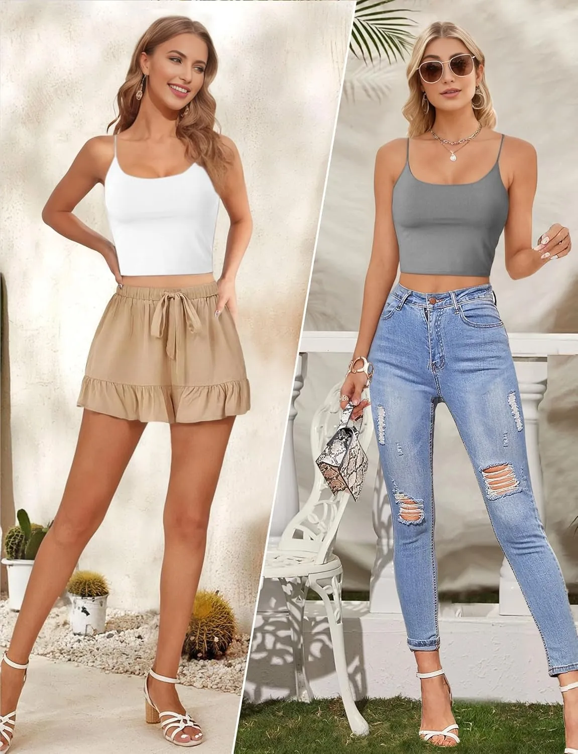 Buauty 2 & 4 Packs Crop Tank Top for Women, Basic Solid Cropped Double Layer Spaghetti Strap Short Sleeveless Camisole